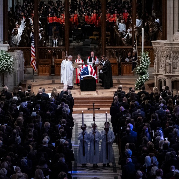 The flag-draped casket of former President Jimmy Carter is pictured before being carried out following a state funeral at the National Cathedral, Thursday, Jan. 9, 2025, in Washington. (Haiyun Jiang/The New York Times via AP, Pool)