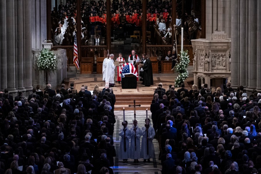 The flag-draped casket of former President Jimmy Carter is pictured before being carried out following a state funeral at the National Cathedral, Thursday, Jan. 9, 2025, in Washington. (Haiyun Jiang/The New York Times via AP, Pool)