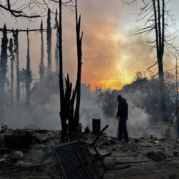 A resident hoses down hot spots in a fire-ravaged property after the Palisades Fire swept through in the Pacific Palisades neighborhood of Los Angeles, Wednesday, Jan. 8, 2025. (AP Photo/Eugene Garcia)