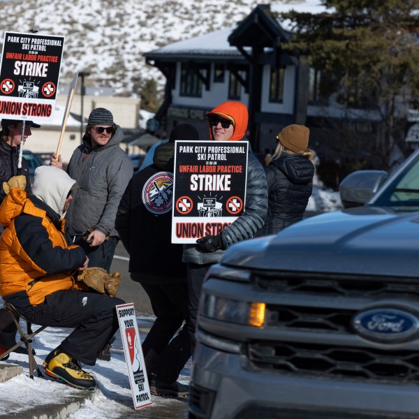 Park City Ski Patrol strike as they demanding livable wages in Park City, Utah Jan 7. 2025, (AP Photo/Melissa Majchrzak)