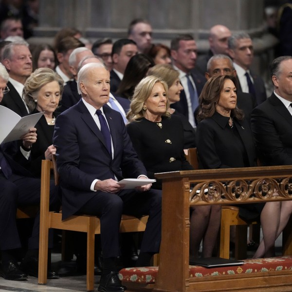 President Joe Biden, first lady Jill Biden, Vice President Kamala Harris, second gentleman Doug Emhoff, former President Bill Clinton, former first lady Hillary Clinton, former President George W.Bush, former first lady Laura Bush, former President Barack Obama, former President and President-elect Donald Trump, former first lady Melania Trump, former Vice President Al Gore, former Vice President Mike Pence and others, attend the State Funeral for former President Jimmy Carter at Washington National Cathedral in Washington, Thursday, Jan. 9, 2025. (AP Photo/Ben Curtis)