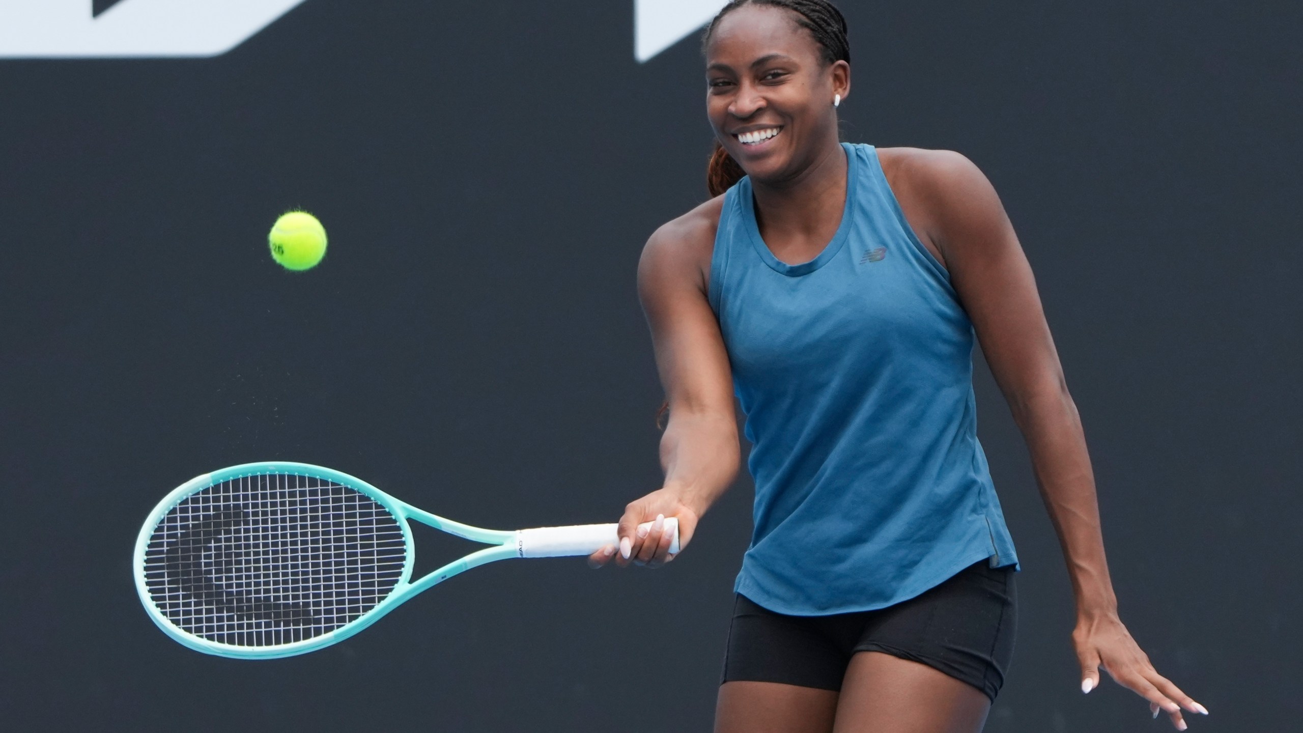 Coco Gauff of the United States plays a forehand return compatriot Danielle Collins during a practice session ahead of the Australian Open tennis championship in Melbourne, Australia, Thursday, Jan. 9, 2025. (AP Photo/Mark Baker)