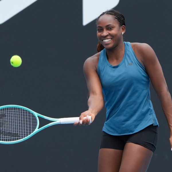 Coco Gauff of the United States plays a forehand return compatriot Danielle Collins during a practice session ahead of the Australian Open tennis championship in Melbourne, Australia, Thursday, Jan. 9, 2025. (AP Photo/Mark Baker)