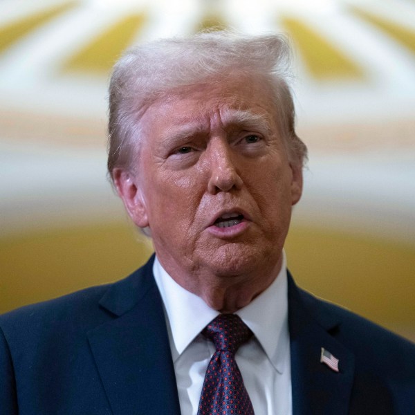 President-elect Donald Trump talks to reporters after a meeting with Republican leadership at the Capitol on Wednesday, Jan. 8, 2025, in Washington. (AP Photo/Jose Luis Magana)