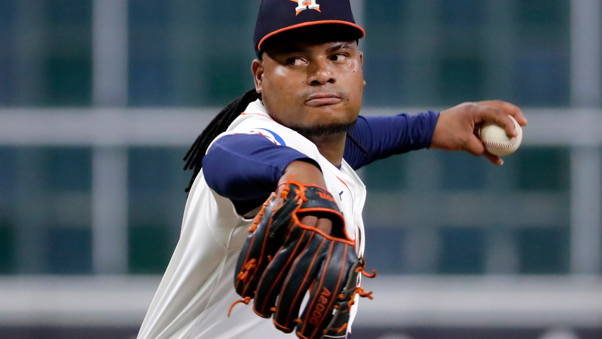 FILE - Houston Astros starting pitcher Framber Valdez throws during the first inning of a baseball game against the Seattle Mariners, Tuesday, Sept. 24, 2024, in Houston. (AP Photo/Michael Wyke, File)