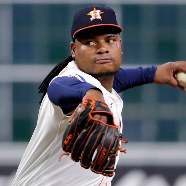 FILE - Houston Astros starting pitcher Framber Valdez throws during the first inning of a baseball game against the Seattle Mariners, Tuesday, Sept. 24, 2024, in Houston. (AP Photo/Michael Wyke, File)