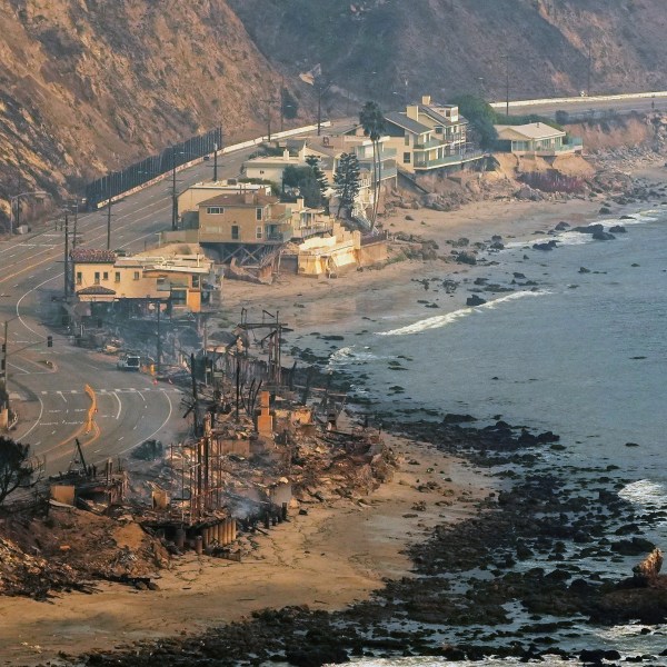 Beach front properties are left destroyed by the Palisades Fire, in this aerial view, Thursday, Jan. 9, 2025 in Malibu, Calif. (AP Photo/Mark J. Terrill)