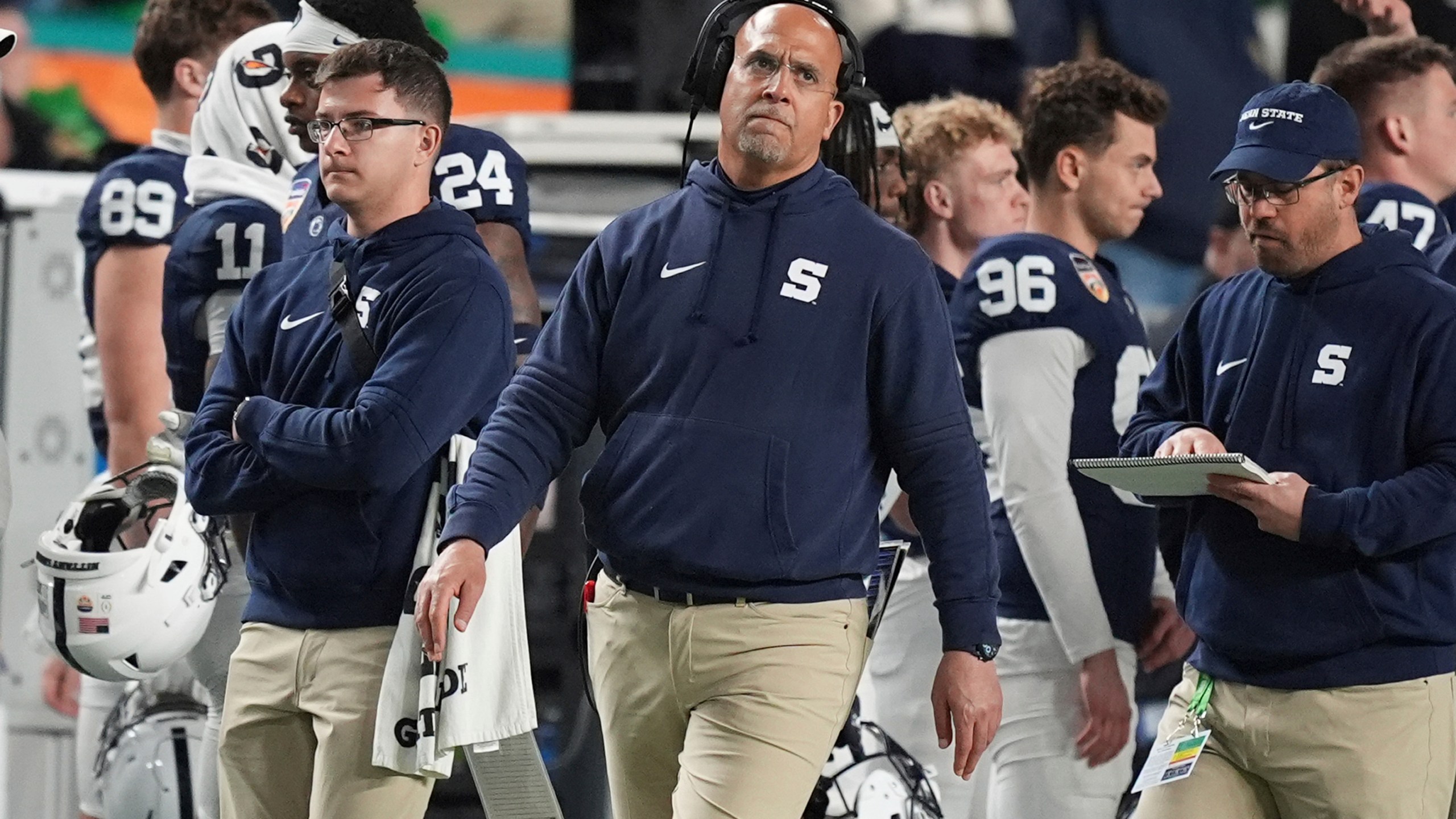 Penn State head coach James Franklin looks up during the second half of the Orange Bowl College Football Playoff semifinal game against Notre Dame, Thursday, Jan. 9, 2025, in Miami Gardens, Fla. (AP Photo/Rebecca Blackwell)