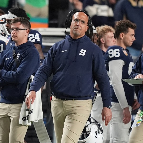 Penn State head coach James Franklin looks up during the second half of the Orange Bowl College Football Playoff semifinal game against Notre Dame, Thursday, Jan. 9, 2025, in Miami Gardens, Fla. (AP Photo/Rebecca Blackwell)