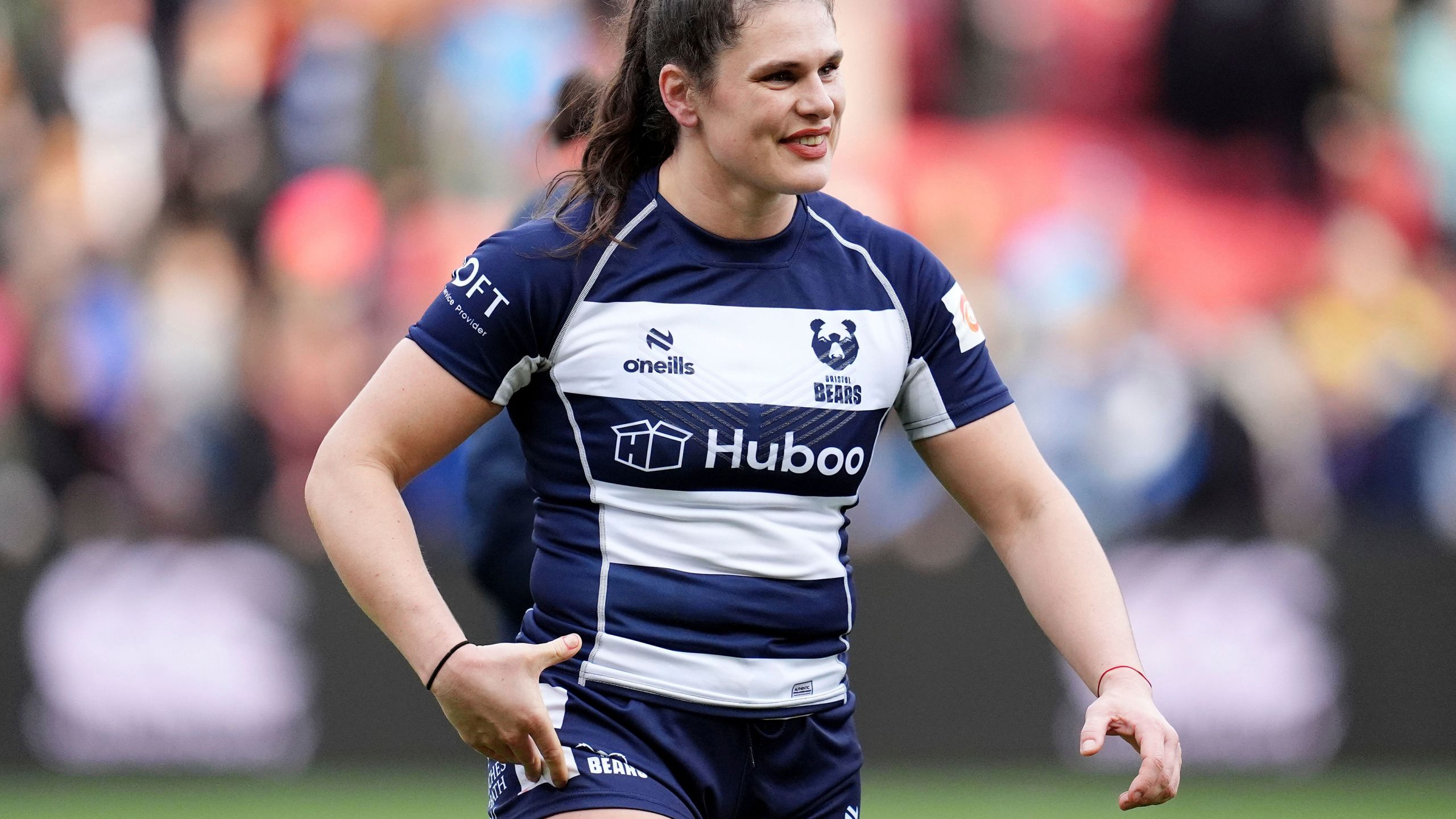 Bristol Bears' Ilona Maher during the Premiership Women's Rugby match between Bristol Bears and Gloucester Hartpury at Ashton Gate, Bristol, England, Sunday Jan. 5, 2025. (Adam Davy/PA via AP)