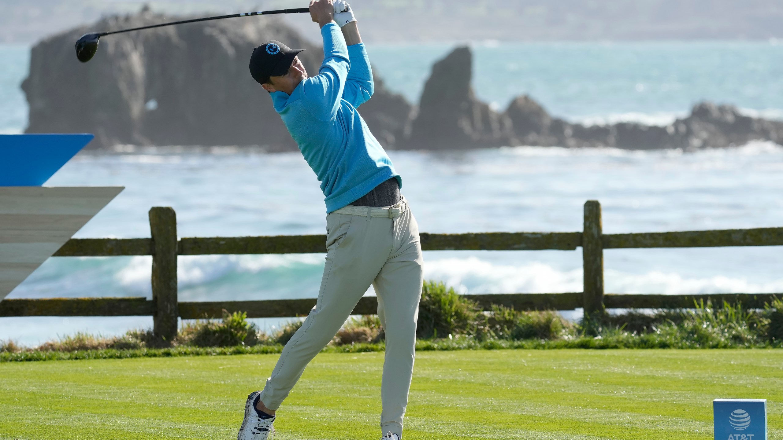 FILE - Jordan Spieth hits from the 18th tee at Pebble Beach Golf Links during the second round of the AT&T Pebble Beach National Pro-Am golf tournament in Pebble Beach, Calif., Friday, Feb. 2, 2024. (AP Photo/Eric Risberg, File)