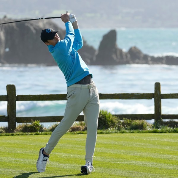 FILE - Jordan Spieth hits from the 18th tee at Pebble Beach Golf Links during the second round of the AT&T Pebble Beach National Pro-Am golf tournament in Pebble Beach, Calif., Friday, Feb. 2, 2024. (AP Photo/Eric Risberg, File)