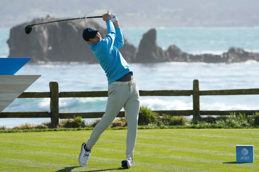 FILE - Jordan Spieth hits from the 18th tee at Pebble Beach Golf Links during the second round of the AT&T Pebble Beach National Pro-Am golf tournament in Pebble Beach, Calif., Friday, Feb. 2, 2024. (AP Photo/Eric Risberg, File)