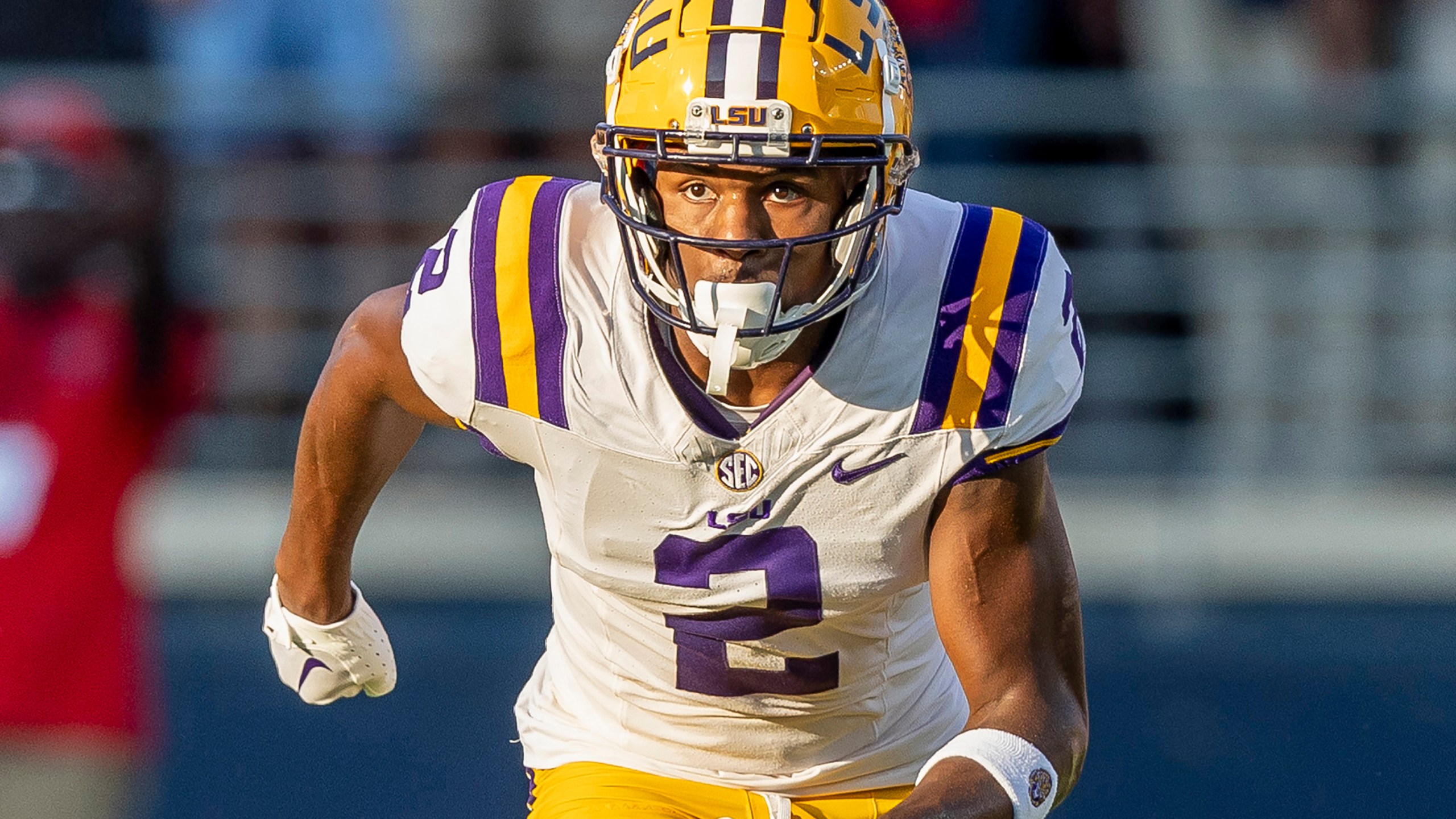 FILE - Then-LSU wide receiver Kyren Lacy (2) during the first half of an NCAA football game on Saturday, Sept. 30, 2023, in Oxford, Miss. (AP Photo/Vasha Hunt, File)