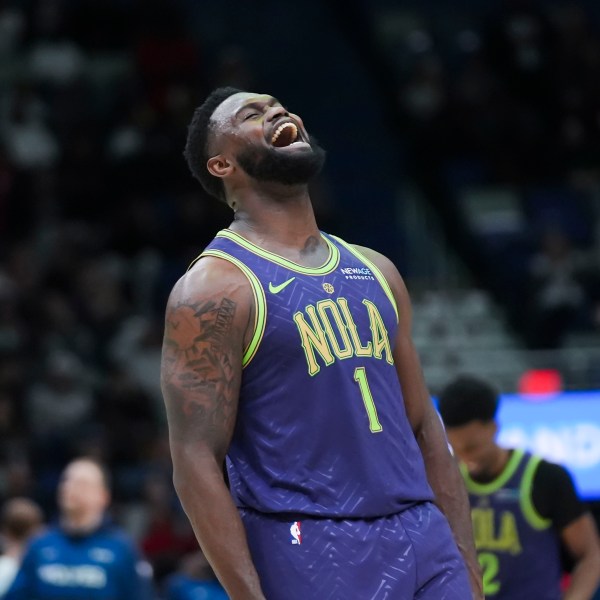 New Orleans Pelicans forward Zion Williamson (1) reacts after his slam dunk in the second half of an NBA basketball game against the Minnesota Timberwolves in New Orleans, Tuesday, Jan. 7, 2025. (AP Photo/Gerald Herbert)