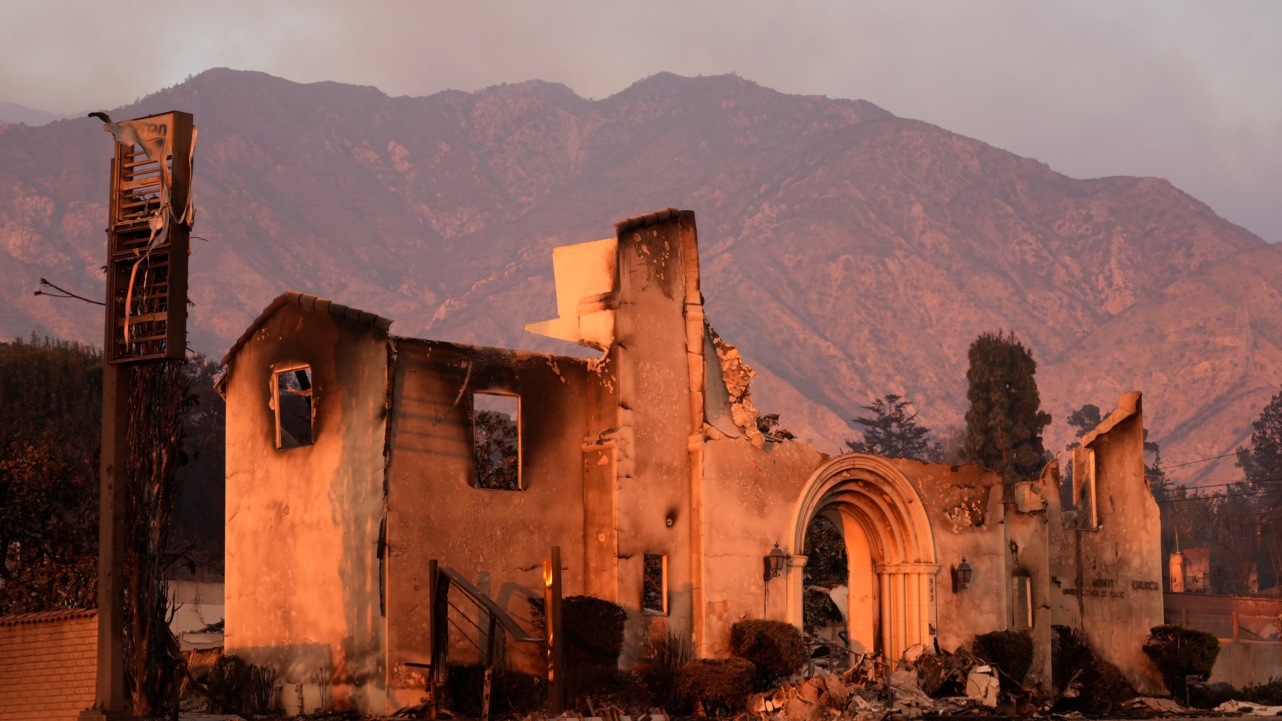 The Altadena Community Church is pictured the day after it was destroyed by the Eaton Fire, Thursday, Jan. 9, 2025, in Altadena, Calif. (AP Photo/Chris Pizzello)