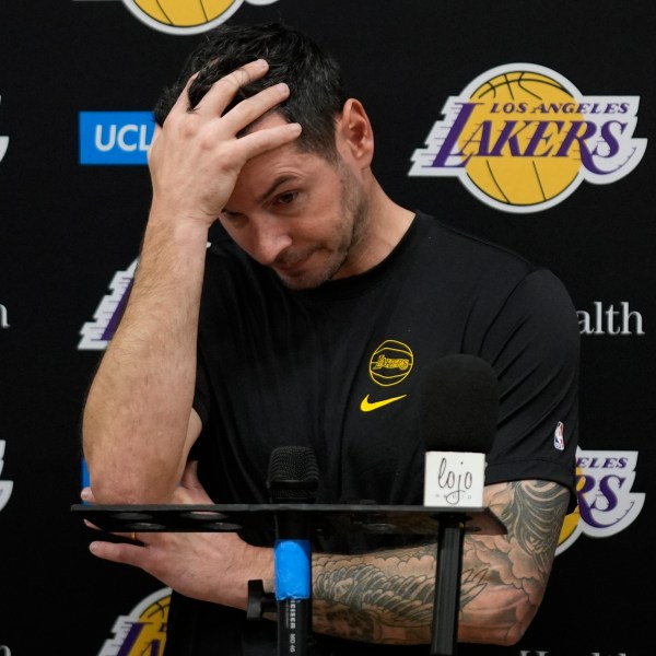 Los Angeles Lakers coach JJ Redick recounts that he and his family lost their house in the deadly Pacific Palisades wildfire during an NBA basketball news conference at the UCLA Health Training Center in El Segundo, Calif., Friday, Jan. 10, 2025. (AP Photo/Damian Dovarganes)