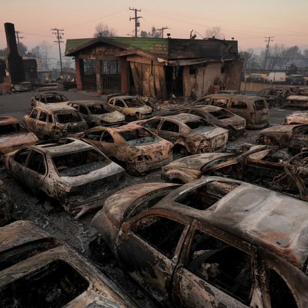 Cars are left charred inside a dealership in the aftermath of the Eaton Fire Friday, Jan. 10, 2025 in Altadena, Calif. (AP Photo/Jae C. Hong)