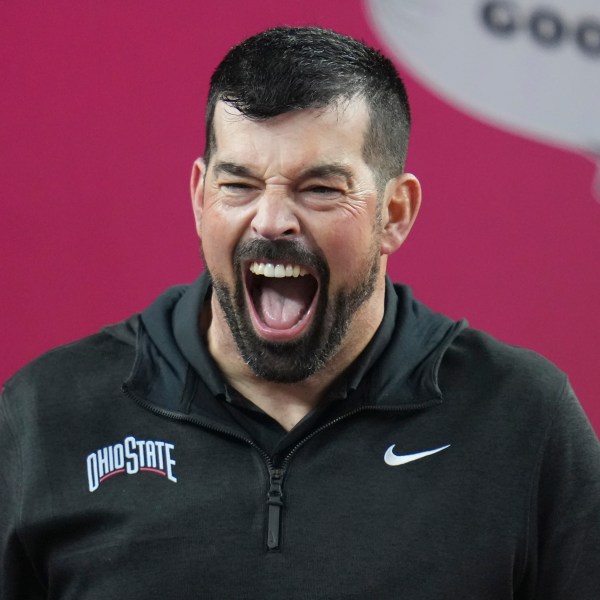 Ohio State head coach Ryan Day celebrates after the Cotton Bowl College Football Playoff semifinal game against Texas, Friday, Jan. 10, 2025, in Arlington, Texas. (AP Photo/Julio Cortez)