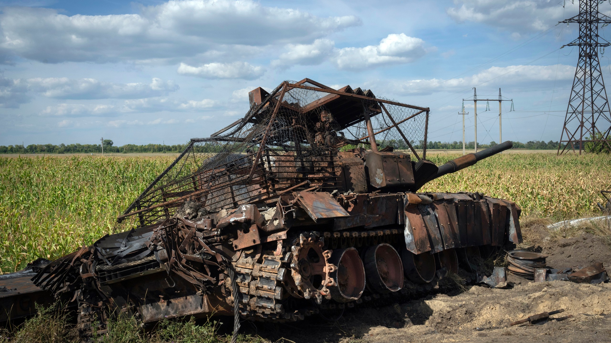 FILE - A destroyed Russian tank sits on a roadside near the town of Sudzha, Russia, in the Kursk region, on Aug. 16, 2024, in an image approved by the Ukrainian Defense Ministry. (AP Photo, File)