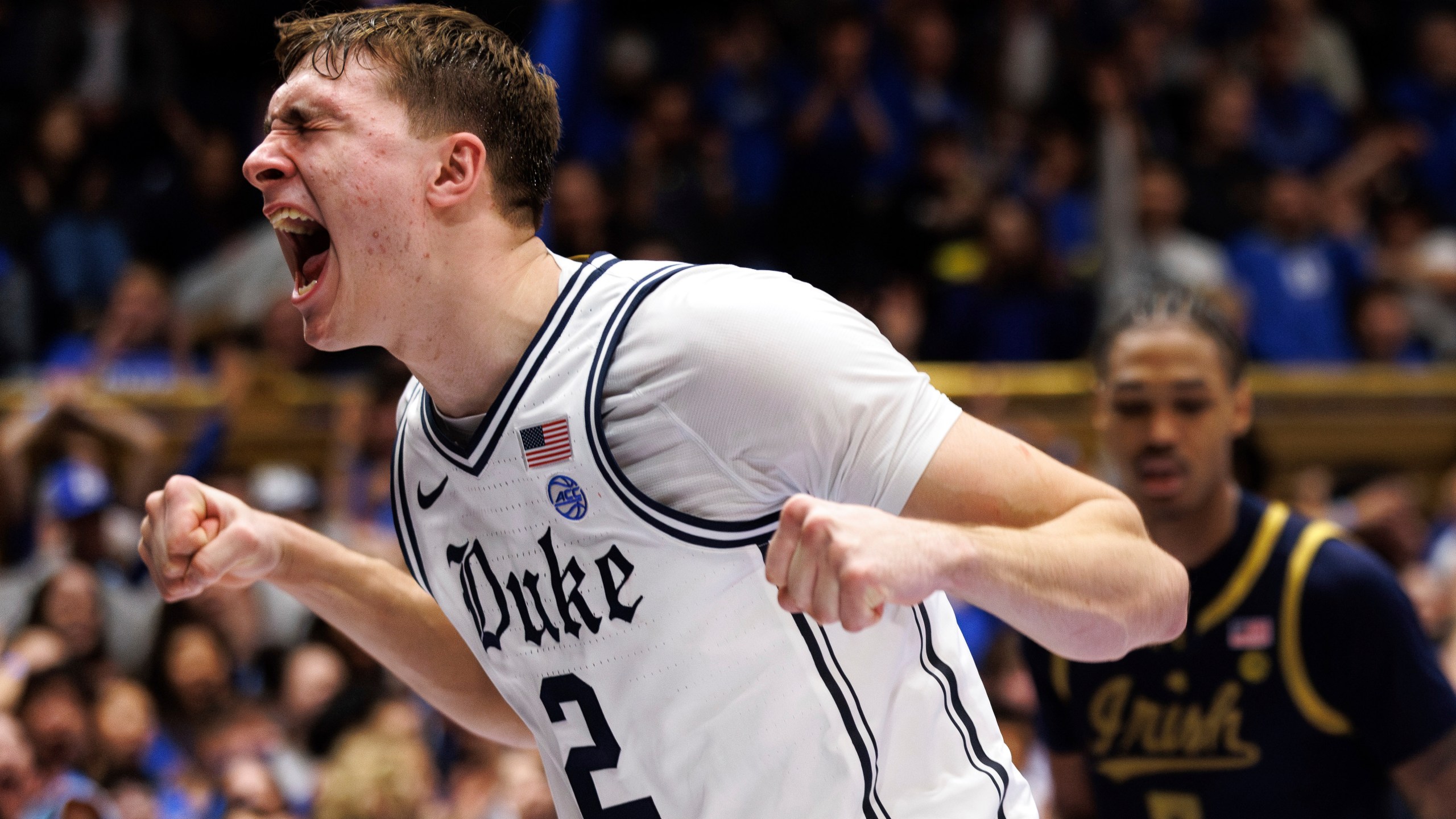 Duke's Cooper Flagg (2) reacts after a dunk during the second half of an NCAA college basketball game against Notre Dame in Durham, N.C., Saturday, Jan. 11, 2025. (AP Photo/Ben McKeown)