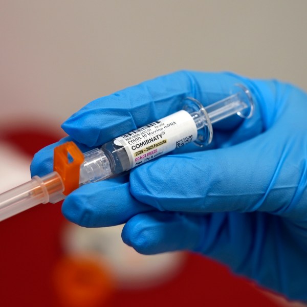 FILE - A pharmacist holds a COVID-19 vaccine at a pharmacy in New York, on Sept. 24, 2024. (AP Photo/Mary Conlon, File)