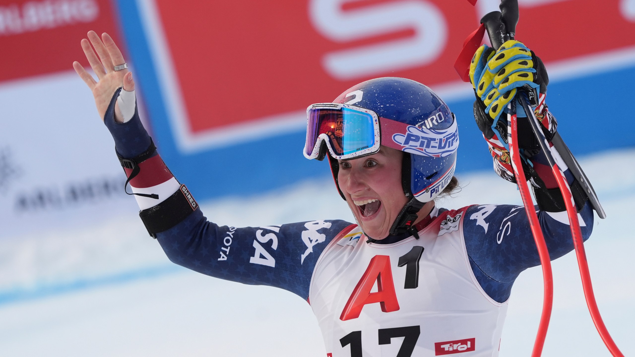 United States' Lauren Macuga reacts after completing an alpine ski, women's World Cup super G race, in St. Anton, Austria, Sunday, Jan. 12, 2025. (AP Photo/Giovanni Auletta)