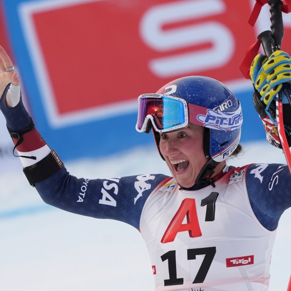 United States' Lauren Macuga reacts after completing an alpine ski, women's World Cup super G race, in St. Anton, Austria, Sunday, Jan. 12, 2025. (AP Photo/Giovanni Auletta)