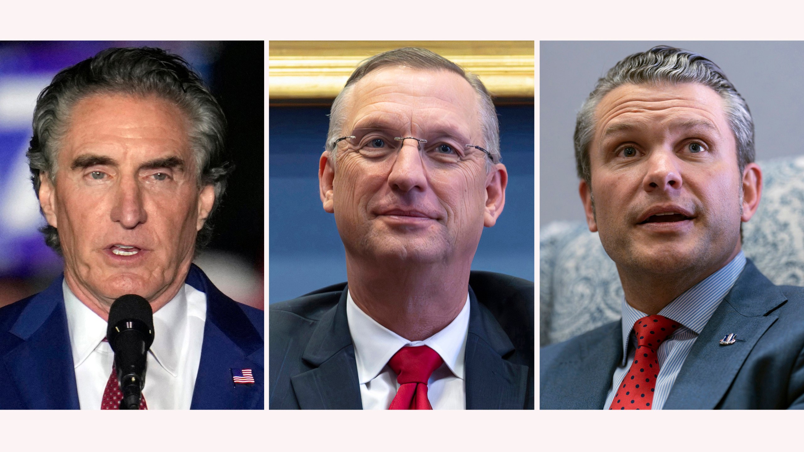 This combination photo of President-elect Donald Trump's nominees who will have confirmation hearings Tuesday, Jan. 14, 2025, shows Interior Department nominee North Dakota Gov. Doug Burgum, from left, Secretary of Veterans Affairs nominee Doug Collins and Defense Secretary nominee Pete Hegseth. (AP Photo)