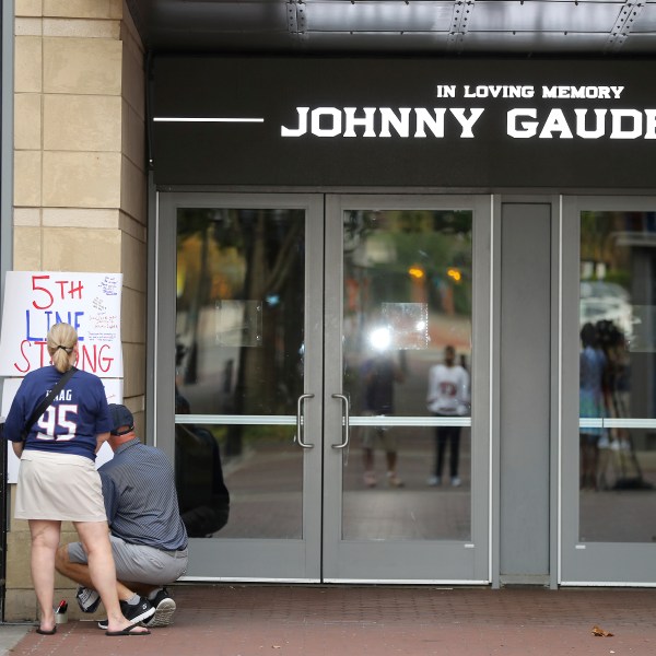 FILE - The view outside of Nationwide Arena at a memorial set up by fans for Blue Jackets hockey player Johnny Gaudreau in Columbus, Ohio, Aug. 30, 2024. (AP Photo/Joe Maiorana, file)