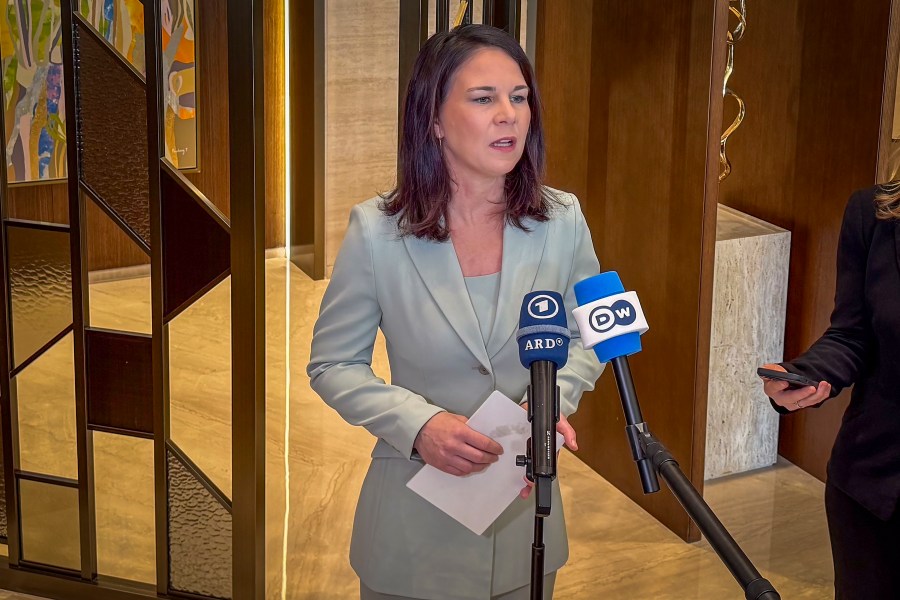 Germany's foreign minister Annalena Baerbock speaks to the press during a conference on Syria's future attended by top European and Middle Eastern diplomats hosted by Saudi Arabia in Riyadh, Sunday, Jan. 12, 2025. (AP Photo/Baraa Anwer)