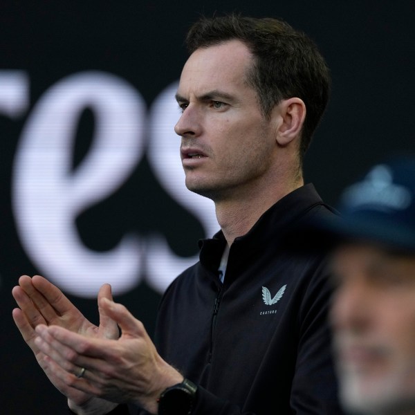 Andy Murray, coach of Novak Djokovic of Serbia watches his first round match against Nishesh Basavareddy of the U.S. at the Australian Open tennis championship in Melbourne, Australia, Monday, Jan. 13, 2025. (AP Photo/Asanka Brendon Ratnayake)