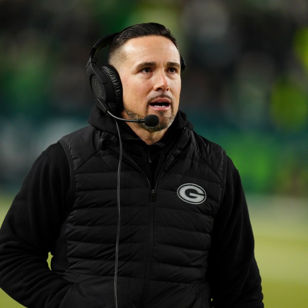 Green Bay Packers head coach Matt LaFleur talks during the second half of an NFL wild-card playoff football game against the Philadelphia Eagles on Sunday, Jan. 12, 2025, in Philadelphia. (AP Photo/Derik Hamilton)