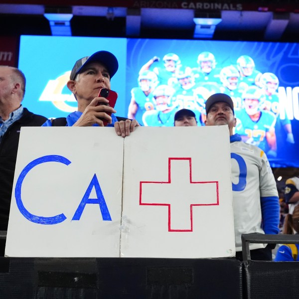 A Los Angeles Rams fan holds a sign b before an NFL wild card playoff football game against the Minnesota Vikings, Monday, Jan. 13, 2025, in Glendale, Ariz. (AP Photo/Ross D. Franklin)