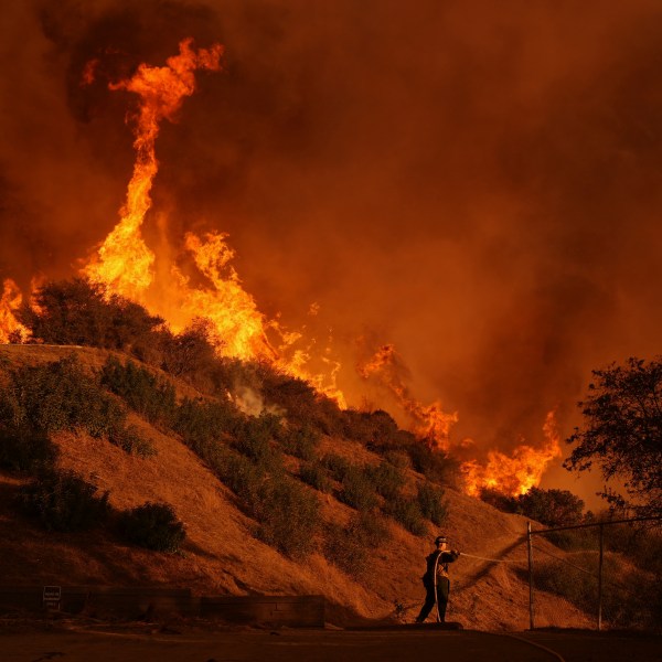 A firefighter battles the Palisades Fire in Mandeville Canyon on Saturday, Jan. 11, 2025, in Los Angeles. (AP Photo/Jae C. Hong)