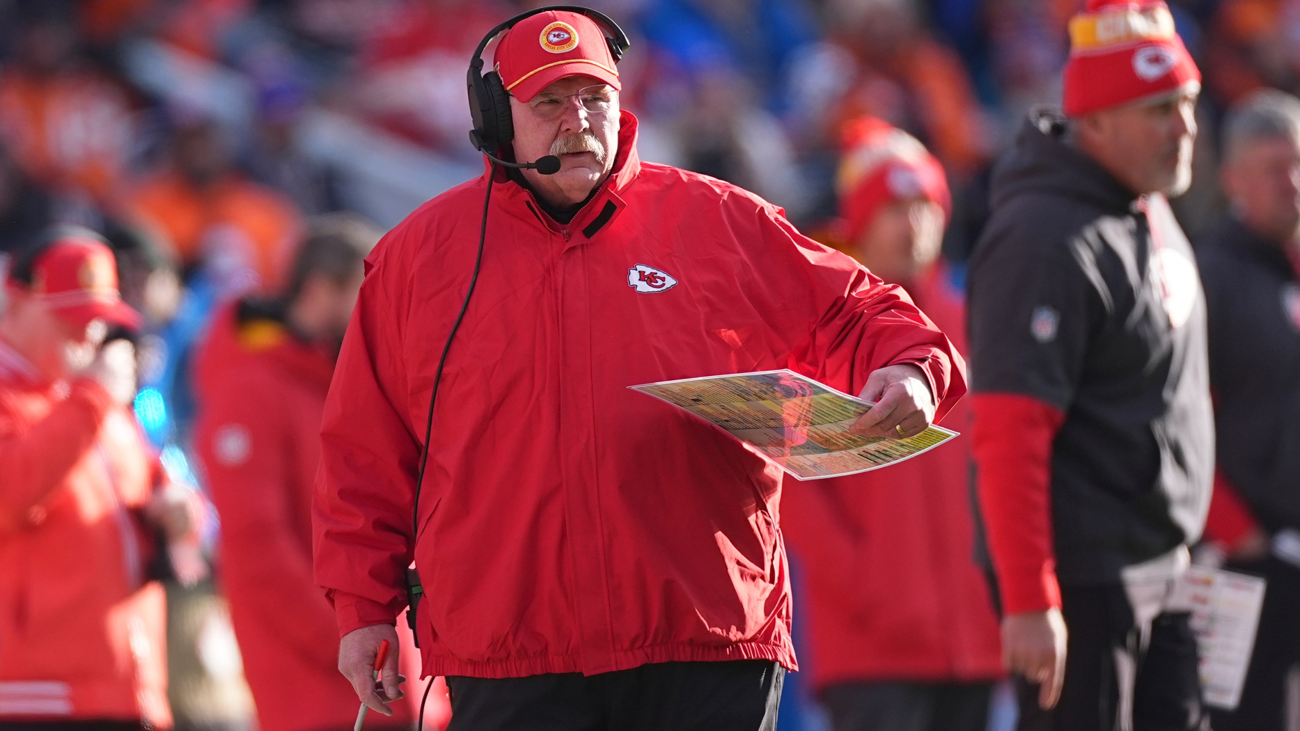 Kansas City Chiefs head coach Andy Reid watches from the sidelines during the first half of an NFL football game against the Denver Broncos Sunday, Jan. 5, 2025, in Denver. (AP Photo/David Zalubowski)