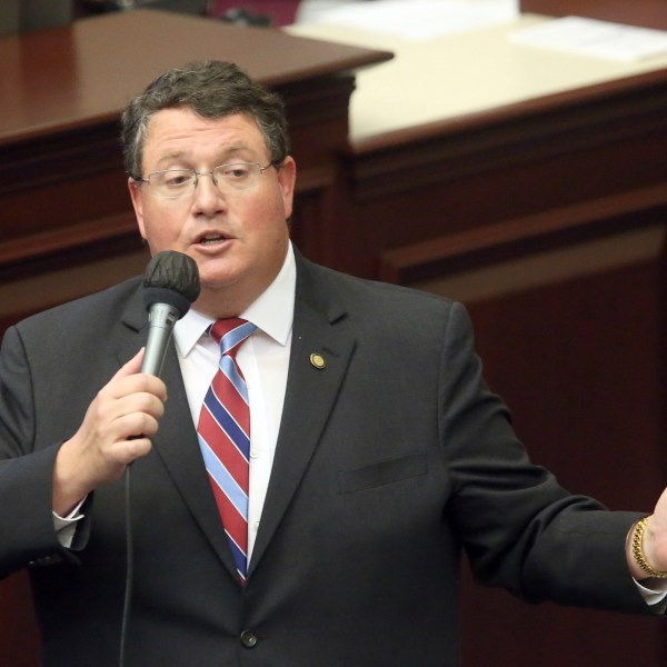 FILE - Rep. Randy Fine, R-South Brevard County, closes on a gambling bill during a special session, Wednesday, May 19, 2021, in Tallahassee, Fla. (AP Photo/Steve Cannon, File)