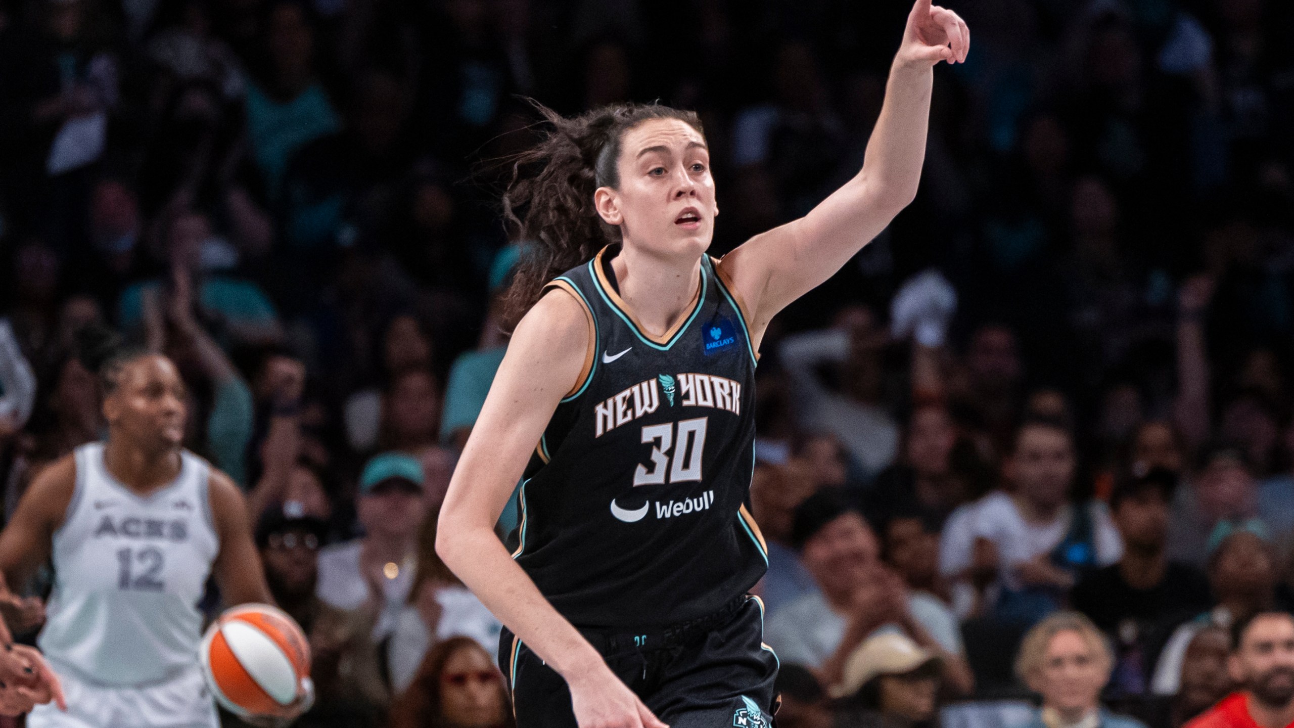 FLE - New York Liberty forward Breanna Stewart (30) celebrates a basket during the second half of a WNBA basketball semifinal game against the Las Vegas Aces, Sept. 29, 2024, in New York. (AP Photo/Corey Sipkin, File)