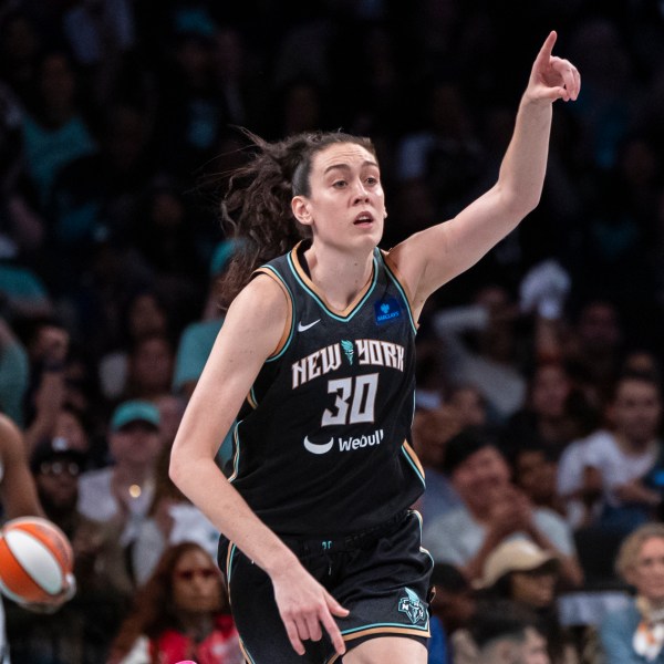 FLE - New York Liberty forward Breanna Stewart (30) celebrates a basket during the second half of a WNBA basketball semifinal game against the Las Vegas Aces, Sept. 29, 2024, in New York. (AP Photo/Corey Sipkin, File)