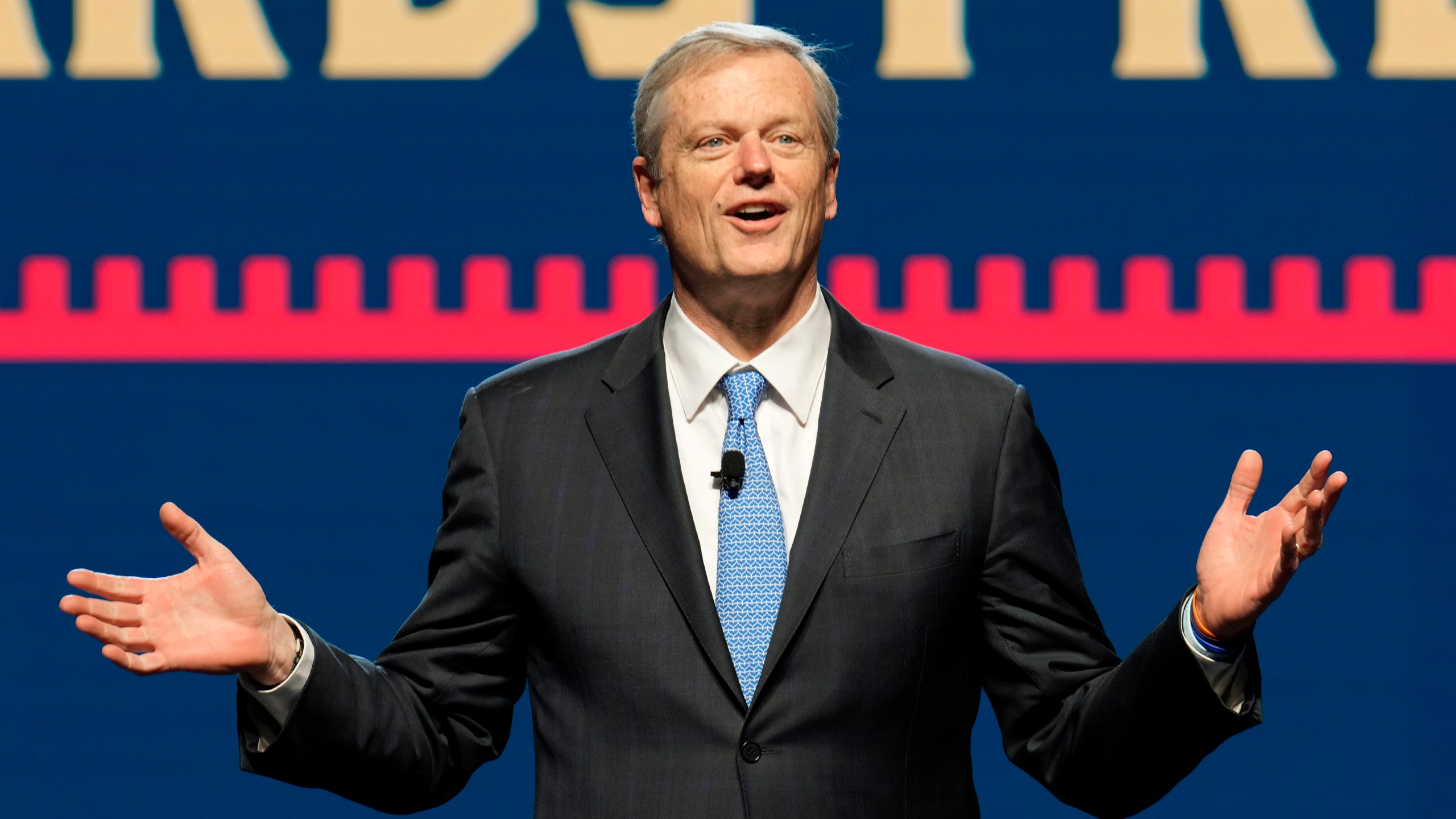 FILE - NCAA President Charlie Baker speaks at his first state of college sports address, at the association's annual convention in Phoenix, Jan. 10, 2024. (AP Photo/Ross D. Franklin, File)