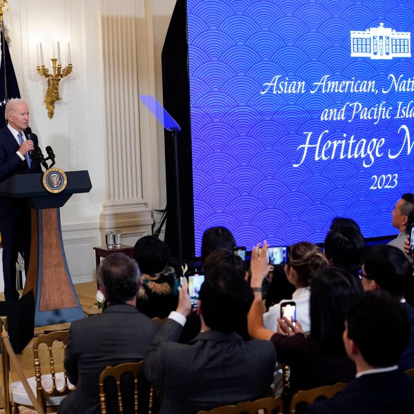 FILE - President Joe Biden speaks before a screening of the series "American Born Chinese" in the East Room of the White House in Washington, in celebration of Asian American, Native Hawaiian, and Pacific Islander Heritage Month, May 8, 2023. (AP Photo/Susan Walsh, File)