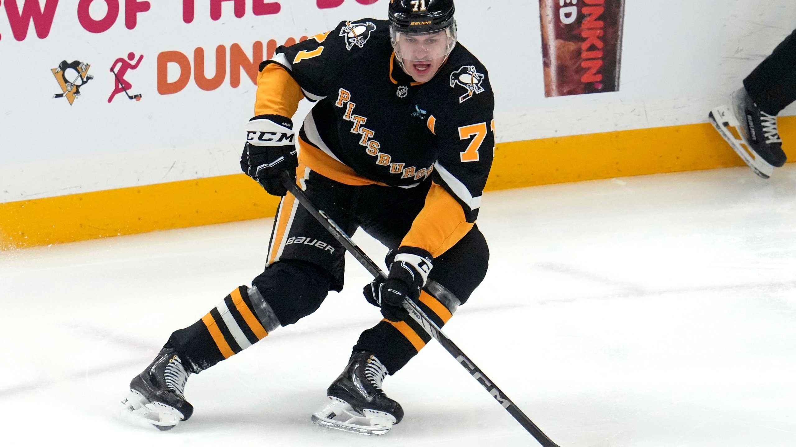 Pittsburgh Penguins' Evgeni Malkin skates during the first period of an NHL hockey game against the Seattle Kraken in Pittsburgh, Tuesday, Jan. 14, 2025. (AP Photo/Gene J. Puskar)