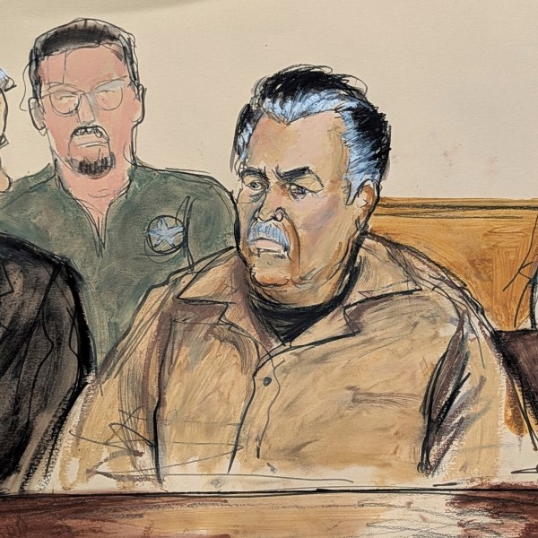 FILE - In this courtroom sketch, Ismael "El Mayo" Zambada, center, is seated beside his defense attorney Frank Perez, left, in federal court in the Brooklyn borough of New York, Sept. 13, 2024. (Elizabeth Williams via AP, File)