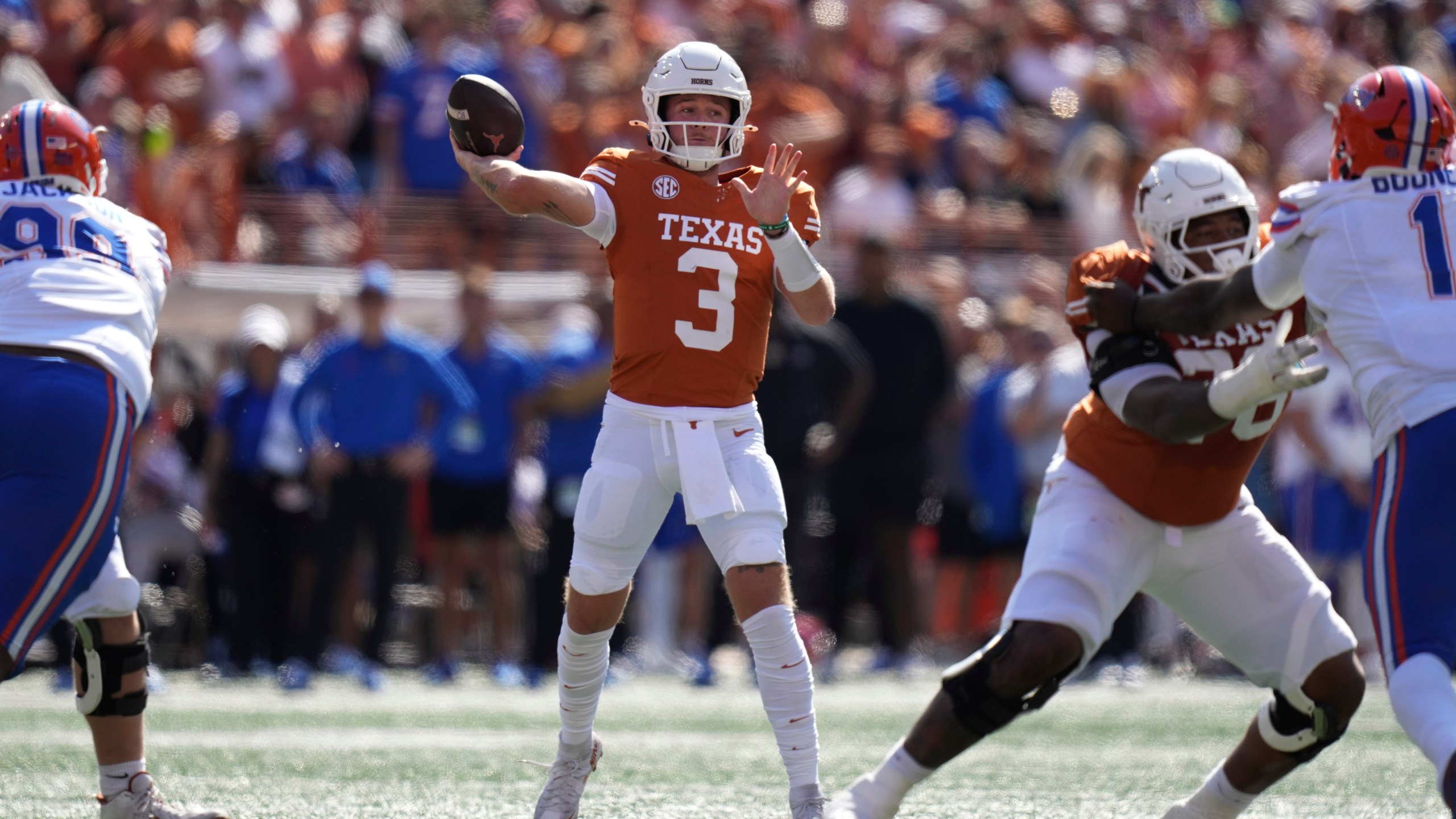 FILE - Texas quarterback Quinn Ewers (3) throws against Florida during the first half of an NCAA college football game in Austin, Texas, Saturday, Nov. 9, 2024. (AP Photo/Eric Gay, File)