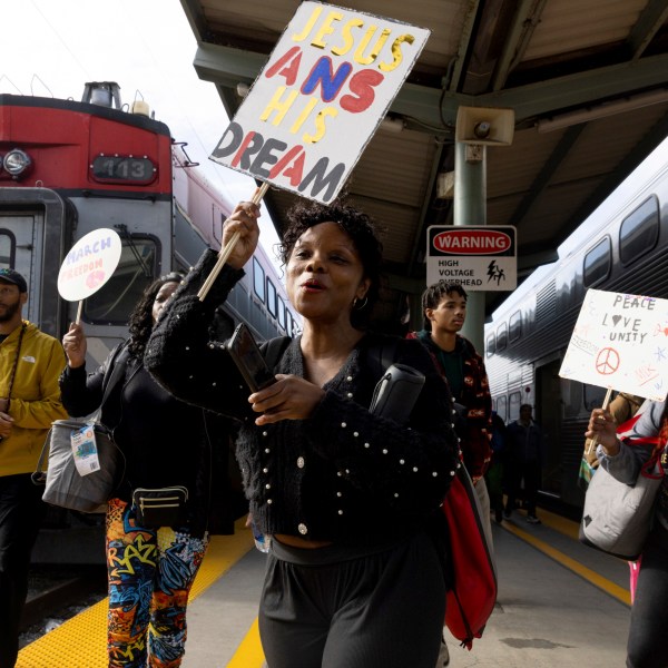 FILE - Passengers depart the Caltrain Norcal MLK Celebration Train in San Francisco on Martin Luther King Jr. Day on Monday, Jan. 15, 2024. (Benjamin Fanjoy/San Francisco Chronicle via AP, File)