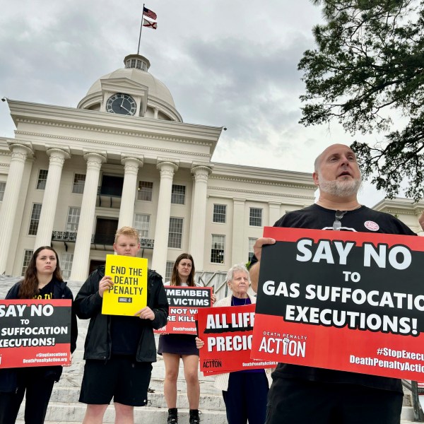 FILE - Abraham Bonowitz, executive director of Death Penalty Action, and other death penalty opponents hold a demonstration outside the Alabama Capitol in Montgomery, Ala., Sept. 25, 2024, asking the state to call off the scheduled execution of Alan Miller in what would be the nation's second execution using nitrogen gas. (AP Photo/Kim Chandler, File)