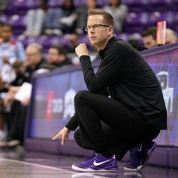 FILE - TCU head coach Mark Campbell watches play against Louisiana Tech in the second half of an NCAA college basketball game in Fort Worth, Texas, Sunday, Dec. 15, 2024. (AP Photo/Tony Gutierrez, File)