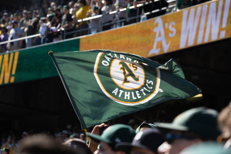 FILE - An Oakland Athletics flag is flown after a baseball game between the Athletics and the Texas Rangers, Thursday, Sept. 26, 2024, in Oakland, Calif. (AP Photo/Benjamin Fanjoy, File)