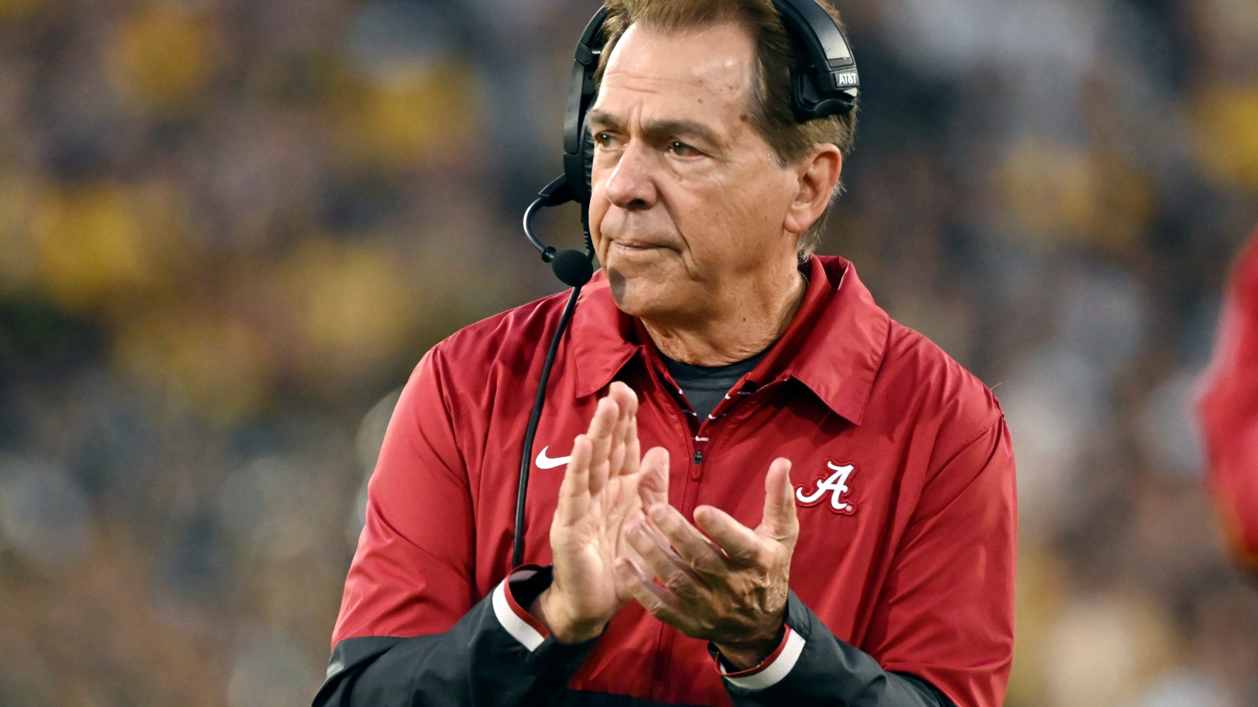 FILE - Alabama head coach Nick Saban reacts after running back Jase McClellan (2) scored a touchdown during the second half of the Rose Bowl CFP NCAA semifinal college football game against Michigan Monday, Jan. 1, 2024, in Pasadena, Calif. (AP Photo/Kyusung Gong, File)