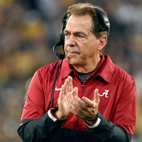 FILE - Alabama head coach Nick Saban reacts after running back Jase McClellan (2) scored a touchdown during the second half of the Rose Bowl CFP NCAA semifinal college football game against Michigan Monday, Jan. 1, 2024, in Pasadena, Calif. (AP Photo/Kyusung Gong, File)